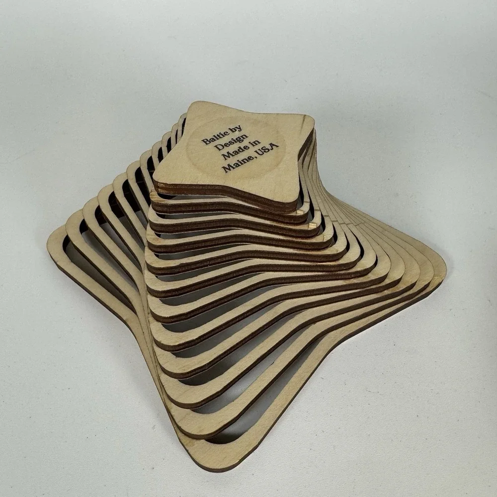 Baltic By Design Laser Cut Wooden Spiral Bowl Basket Maine USA Square Scalloped